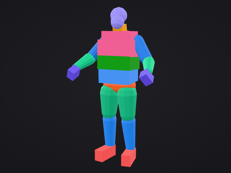 3D physics bodies of the player character, coloured by hit location