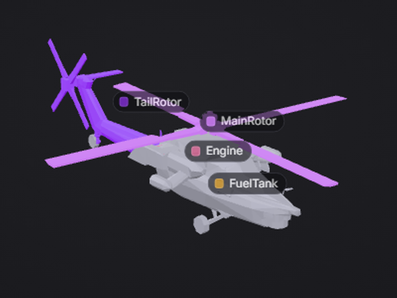 3D collision mesh of the Havoc attack helicopter, coloured by health section